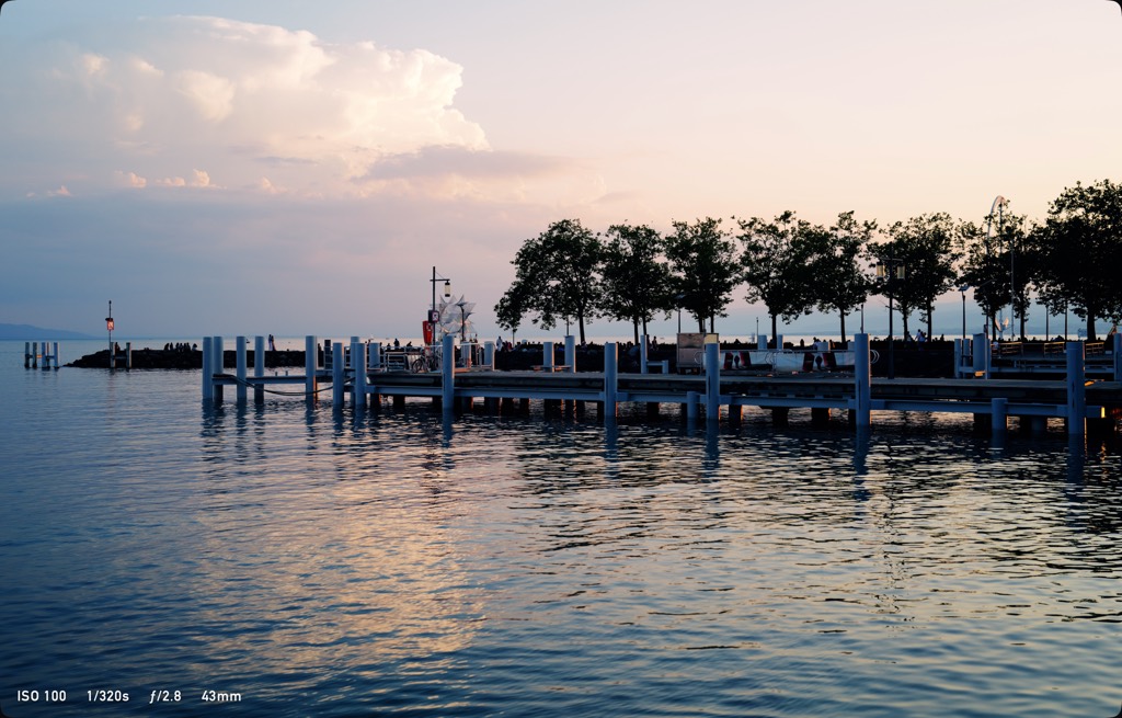 The same photograph with one line in the lower left: ISO 100, 1/320 s, f/2.8, 43 mm.